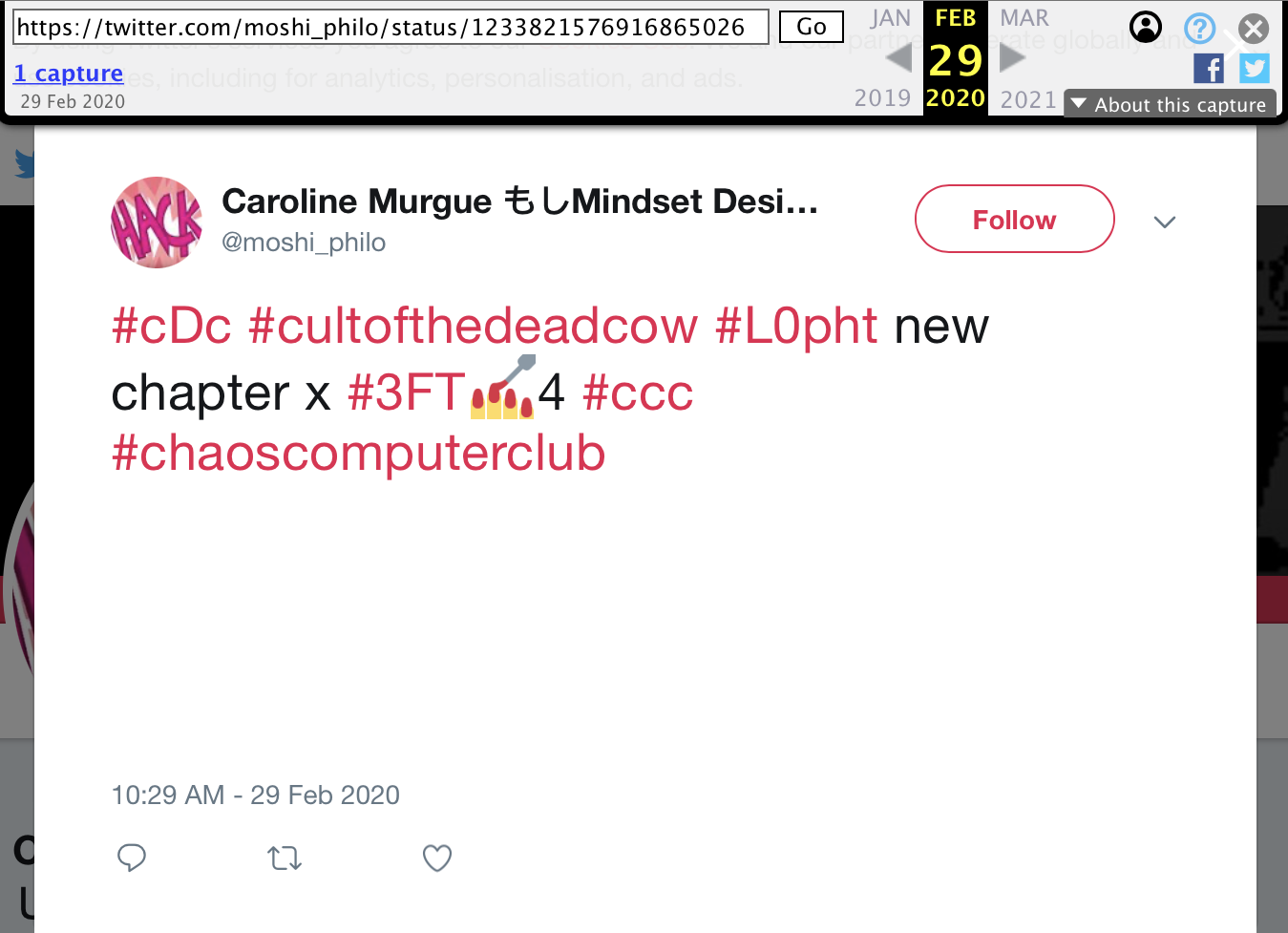 29 Feb 2020 tweet from @moshi_philo: #cDc #cultofthedeadcow #L0pht new chapter x #3FT 4 #ccc #chaoscomputerclub
